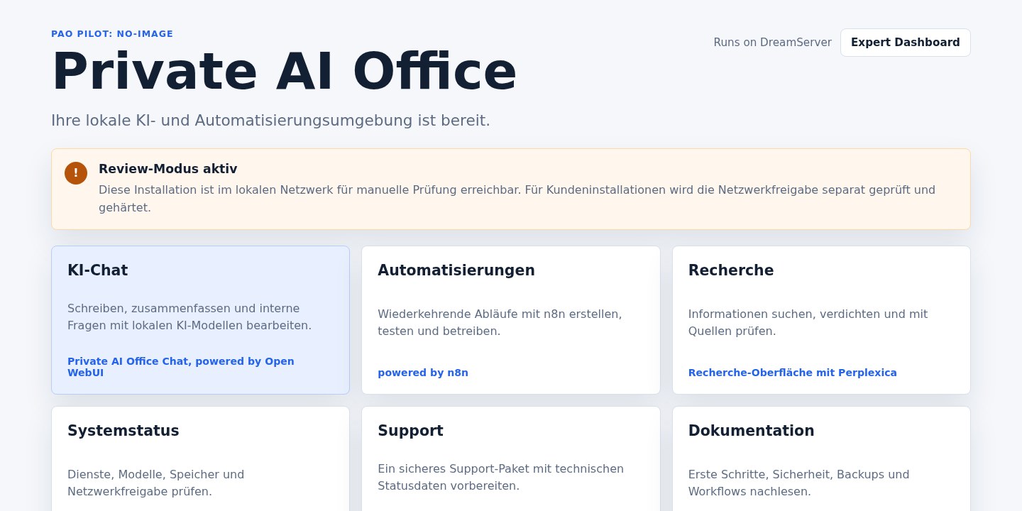 Private AI Office review interface with local AI chat, automation, research, support and documentation entry points